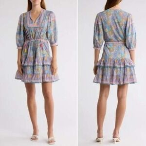 Alicia Bell Floral Paisley Mini Dress Womens L Blue Boho Silk‎ Blend $275 NWT